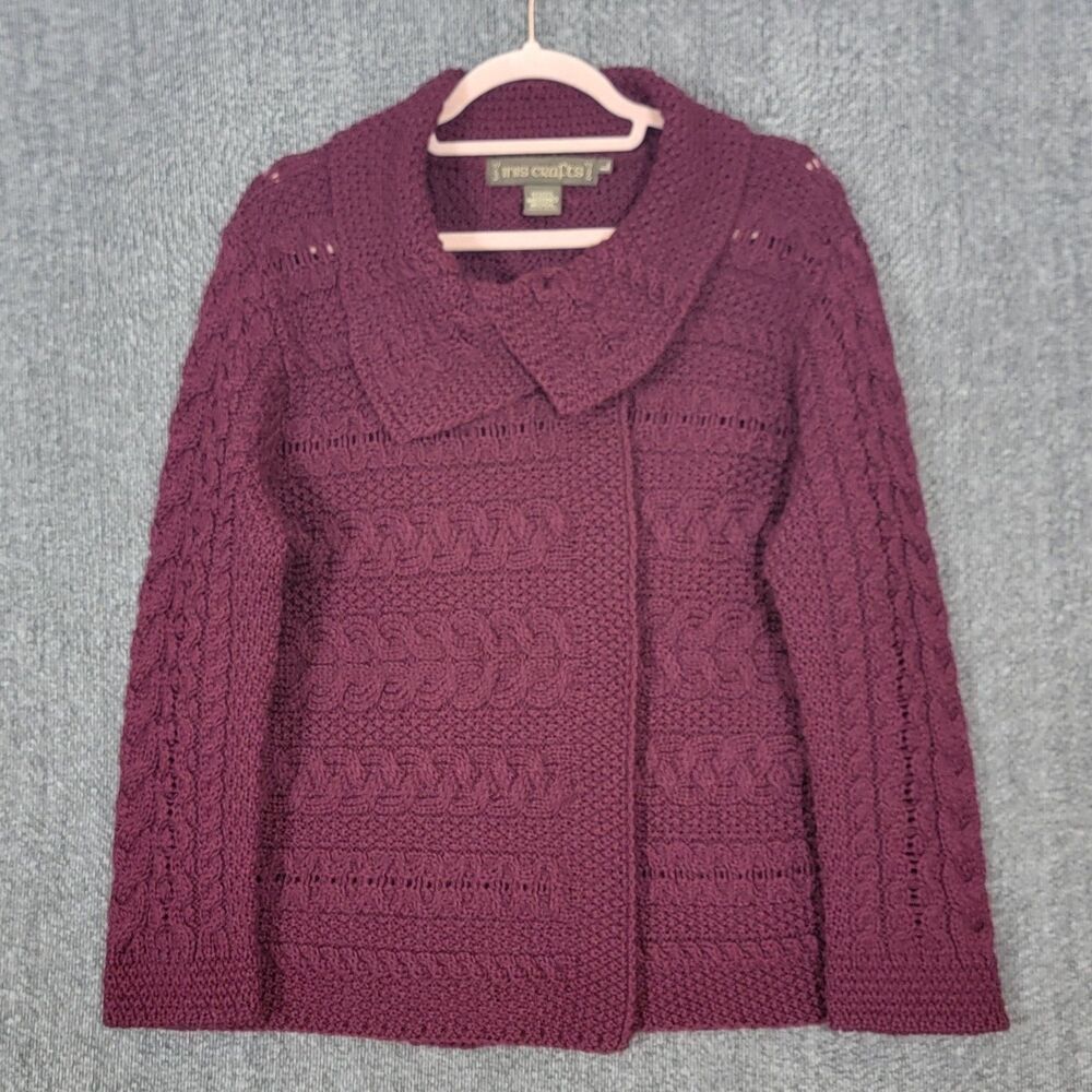Inis Crafts Cardigan Sweater Womens L Berry Purple 100% Merino Wool Cable Knit